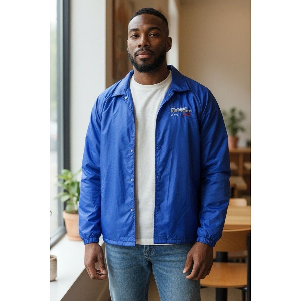 Y2K 2002 Walmart Supercenter #579 Coach Jacket Jerzees Blue M